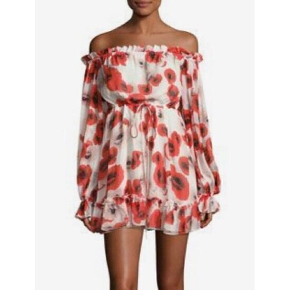 New Nicholas Silk Poppy Floral Dress Womens 8 Off Shoulder Mini